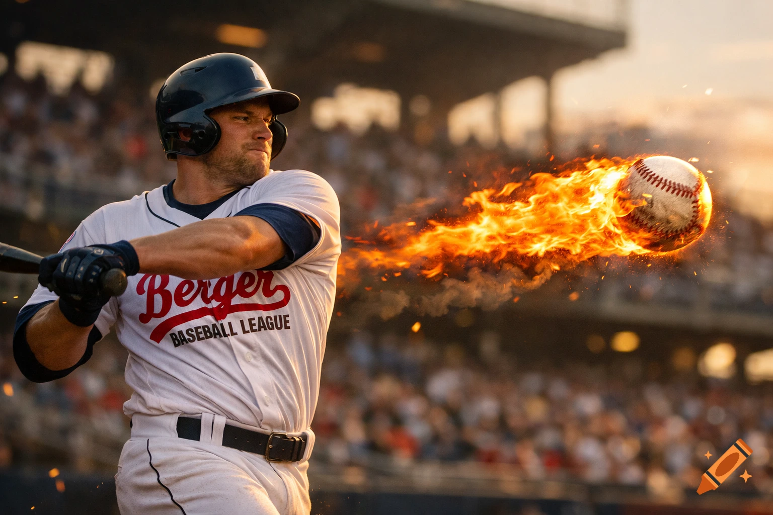 Photorealistic image of a baseball player in a helmet hitting a flaming baseball during a game at sunset.