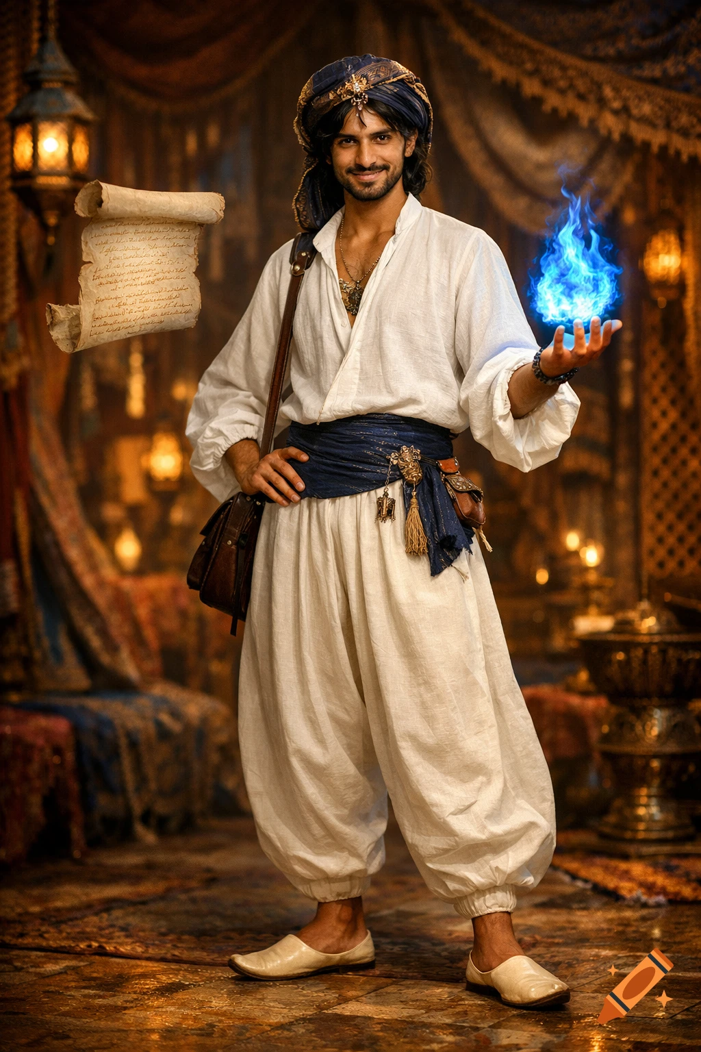 A smiling Middle Eastern magician in white clothes and a turban holds a blue flame, with a floating scroll, in a richly decorated room.