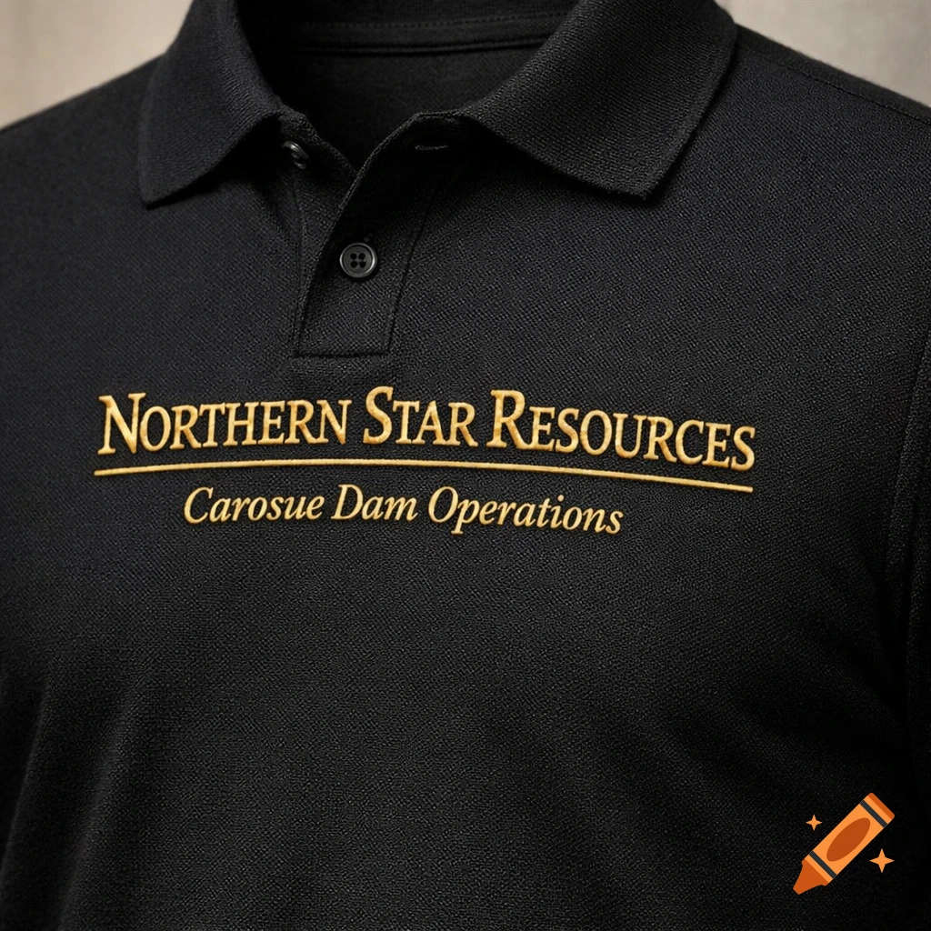 A close-up of a black polo shirt with gold embroidered text reading 'Northern Star Resources' and 'Carosue Dam Operations'.