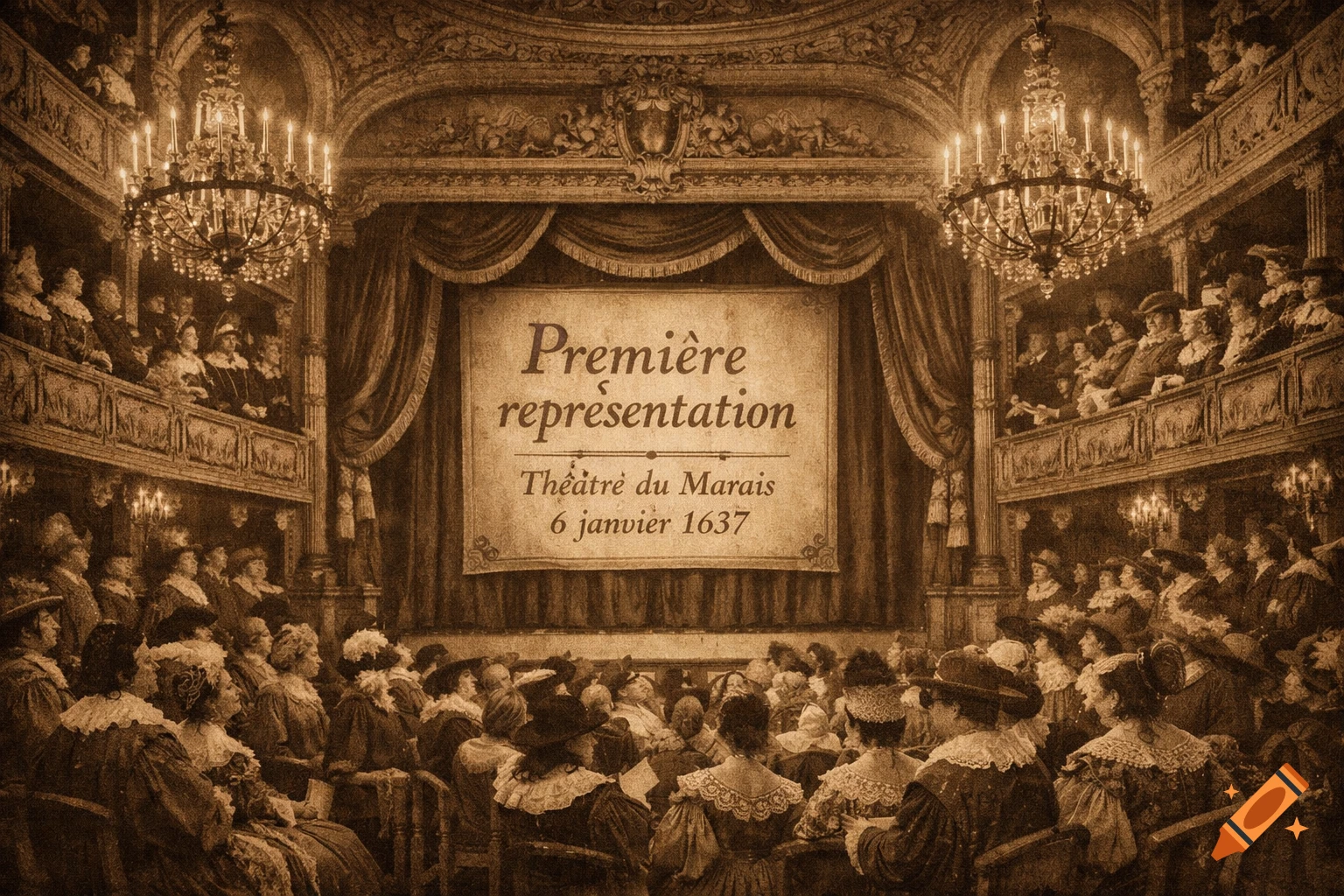 Sepia-toned historical painting of a packed theater with people in 17th-century costumes watching a banner on stage.