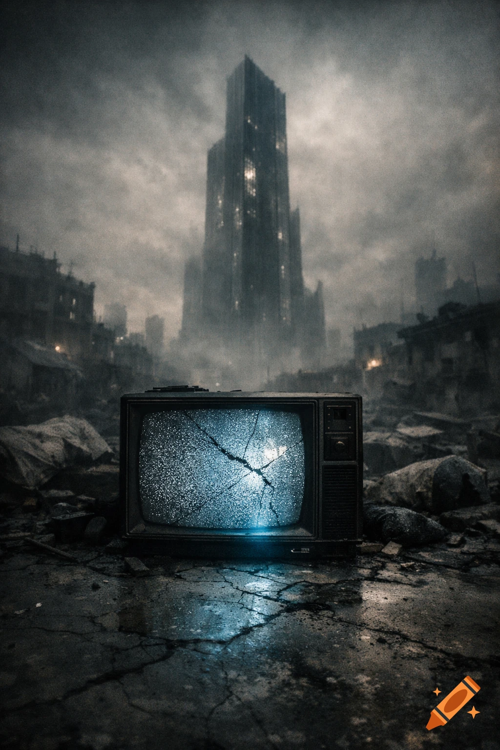 A glowing, broken retro TV sits on cracked ground in a desolate, foggy, ruined city with a towering skyscraper in the background.