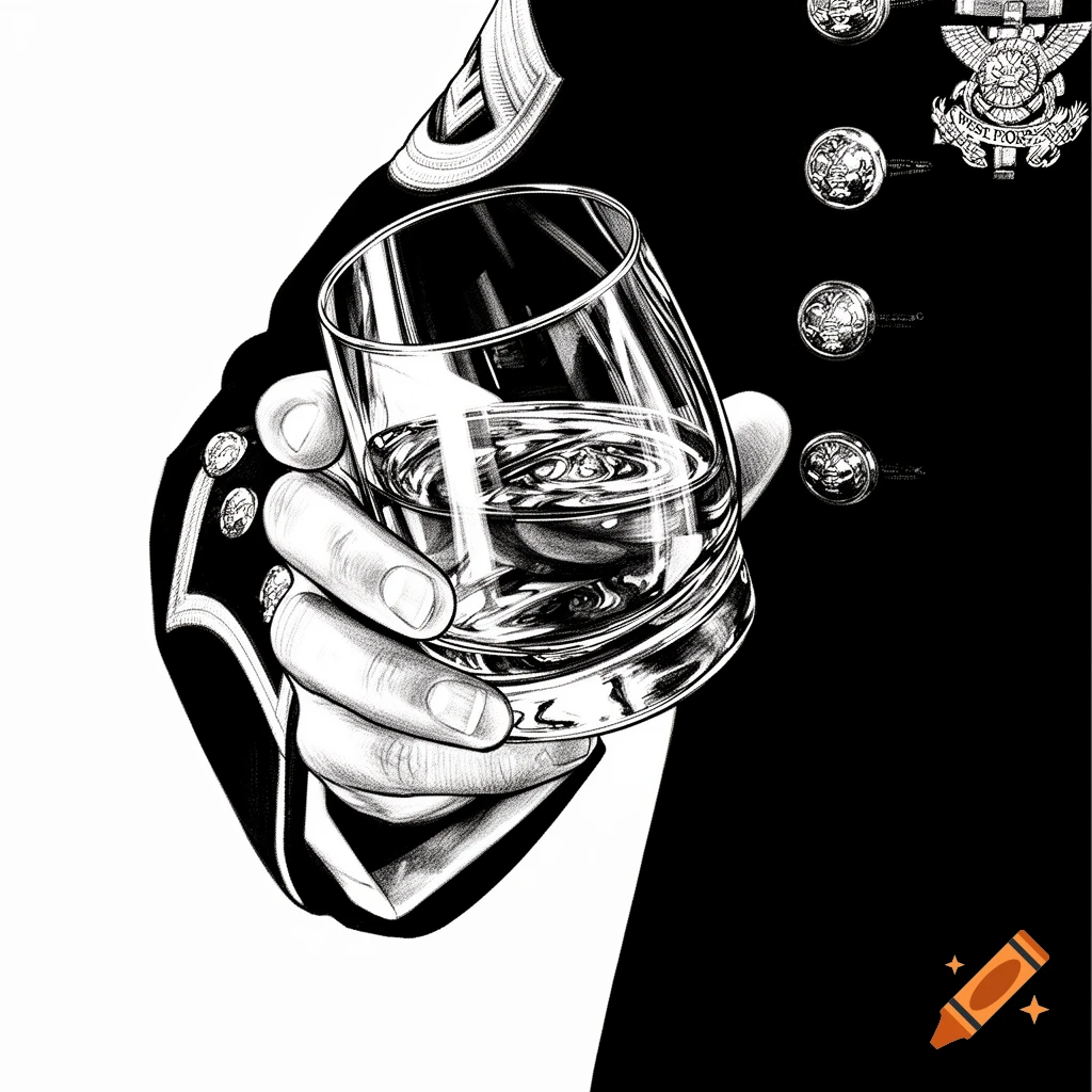 Black and white graphic of a West Point cadet's hand holding a whiskey glass, with uniform details visible.
