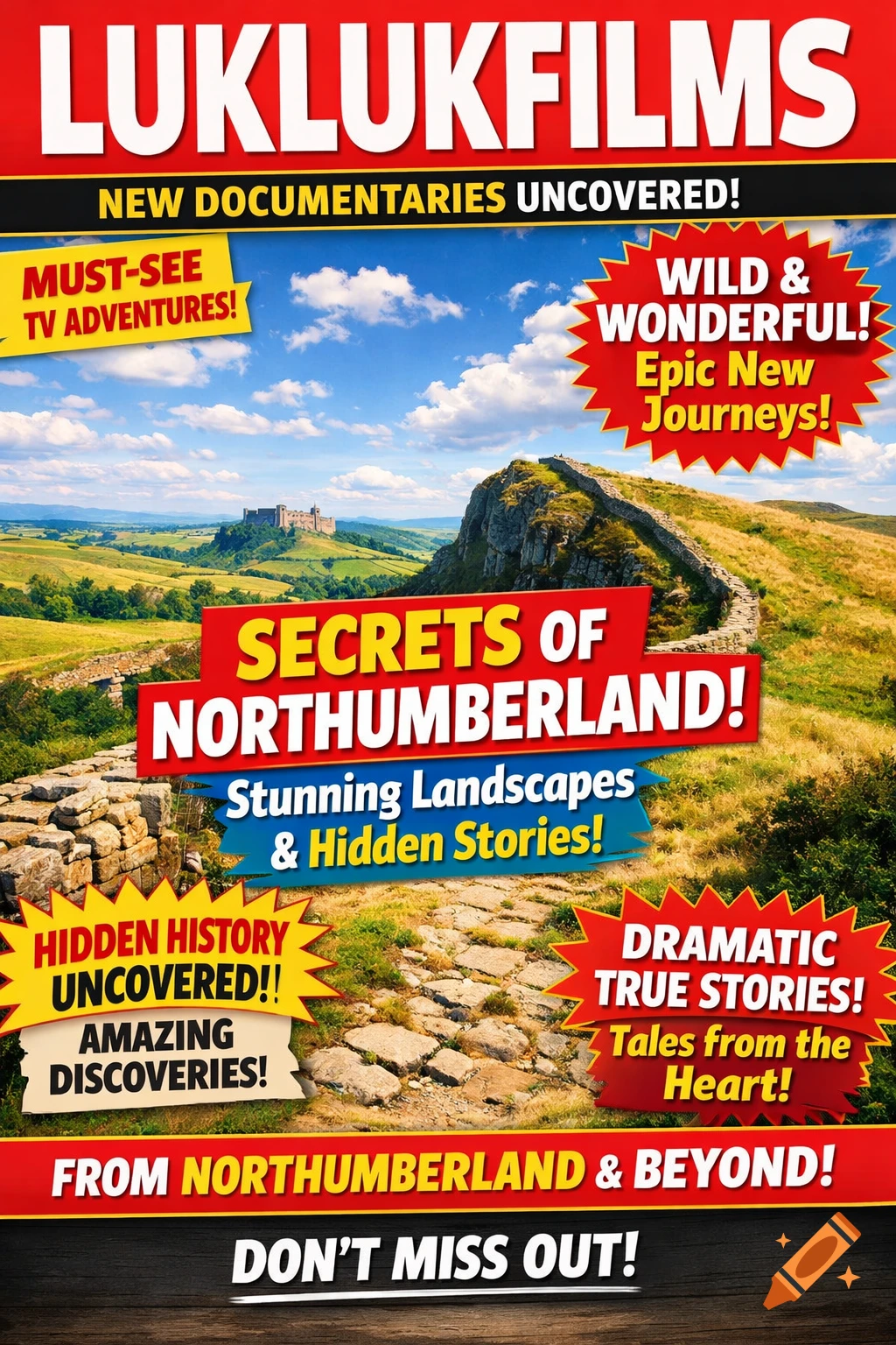 Magazine cover for LUKLUKFILMS about documentaries on Northumberland, featuring a castle, rolling hills, and a stone path.