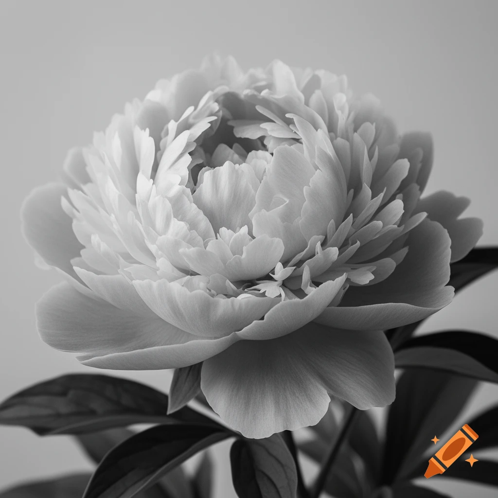 Close-up black and white photograph of a lush peony flower with many delicate petals.