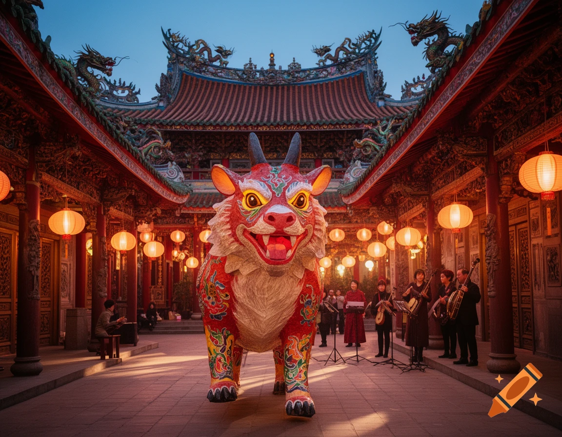 A vibrant, ornate mythical creature stands in a traditional Chinese temple courtyard illuminated by glowing red lanterns, with musicians in the background.