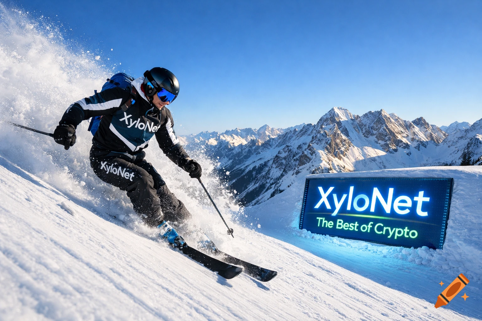 A person in ski gear skis down a snowy mountain slope, creating snow spray, with majestic snow-capped mountains in the background and a glowing XyloNet digital sign in the foreground.