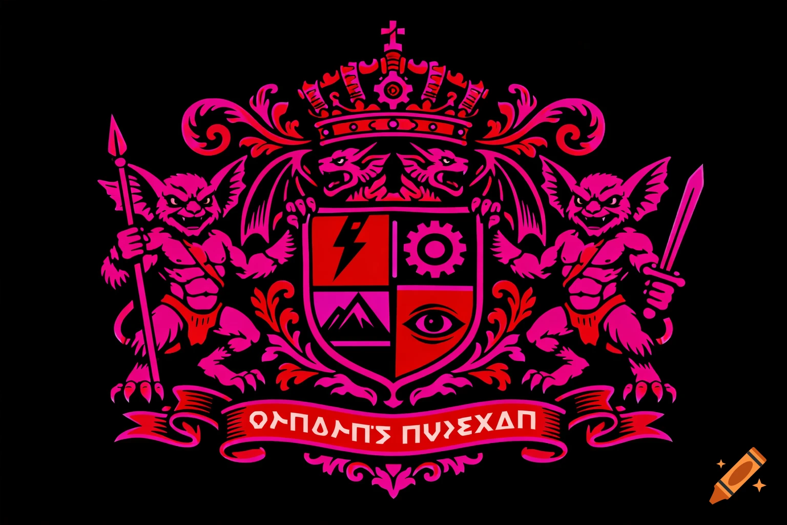 A magenta and red heraldic coat of arms with a crowned shield, flanked by two gremlins, and featuring a banner with abstract runic text.