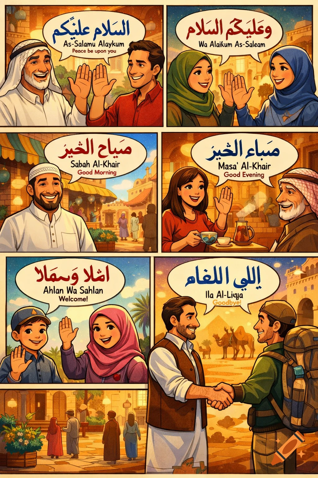 A six-panel comic strip illustrating various Arabic greetings and farewells among diverse people in different settings.