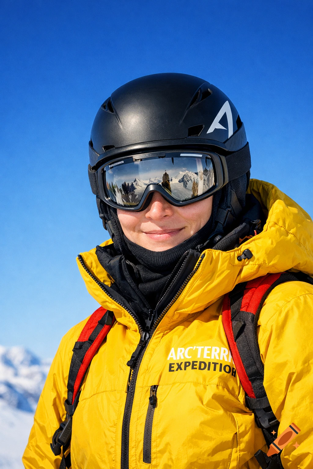 Close-up of a person in a yellow ski jacket, black helmet with 'A' logo, and goggles reflecting snowy mountains, against a blue sky.