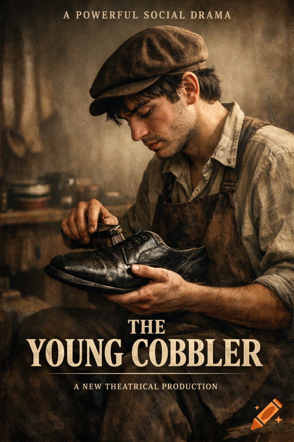 A serious young cobbler in a flat cap and apron shines a leather shoe in a warm-toned, photorealistic movie poster.