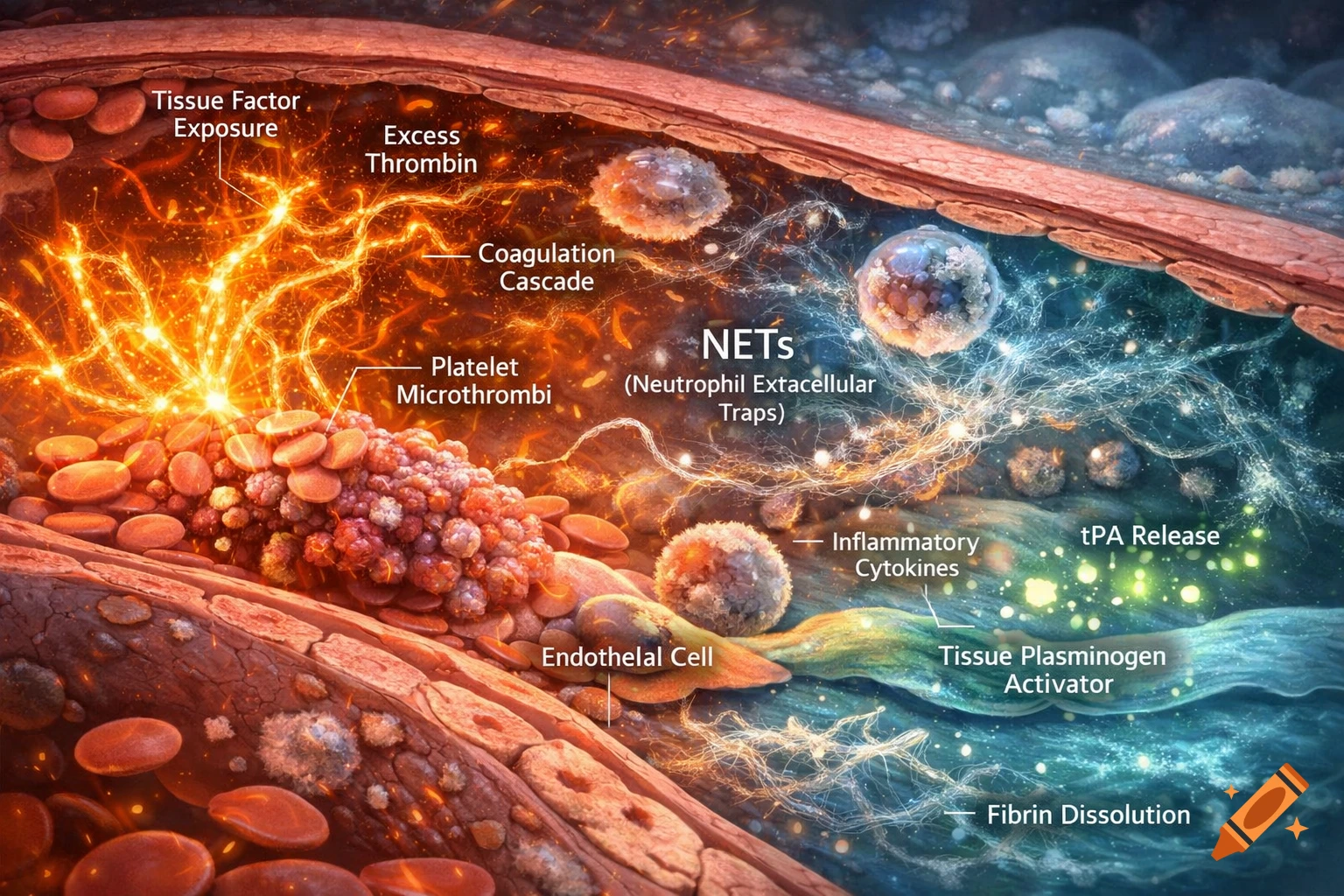 Detailed medical illustration of disseminated intravascular coagulation (DIC) within a blood vessel, showing cellular and molecular interactions like coagulation, NETs, and fibrin dissolution.