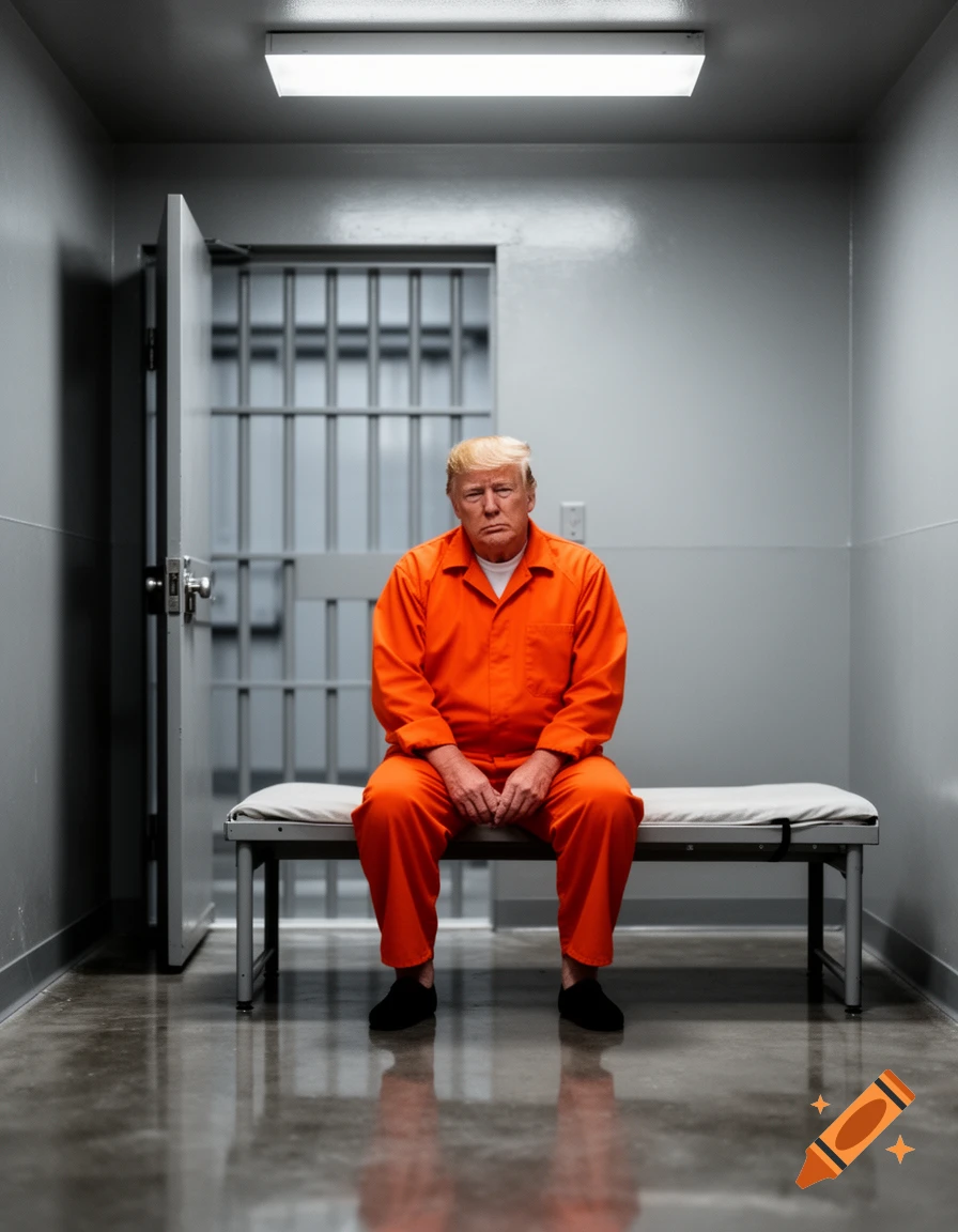 Donald Trump in an orange prison jumpsuit sitting on a bunk in a jail cell, photorealistic.
