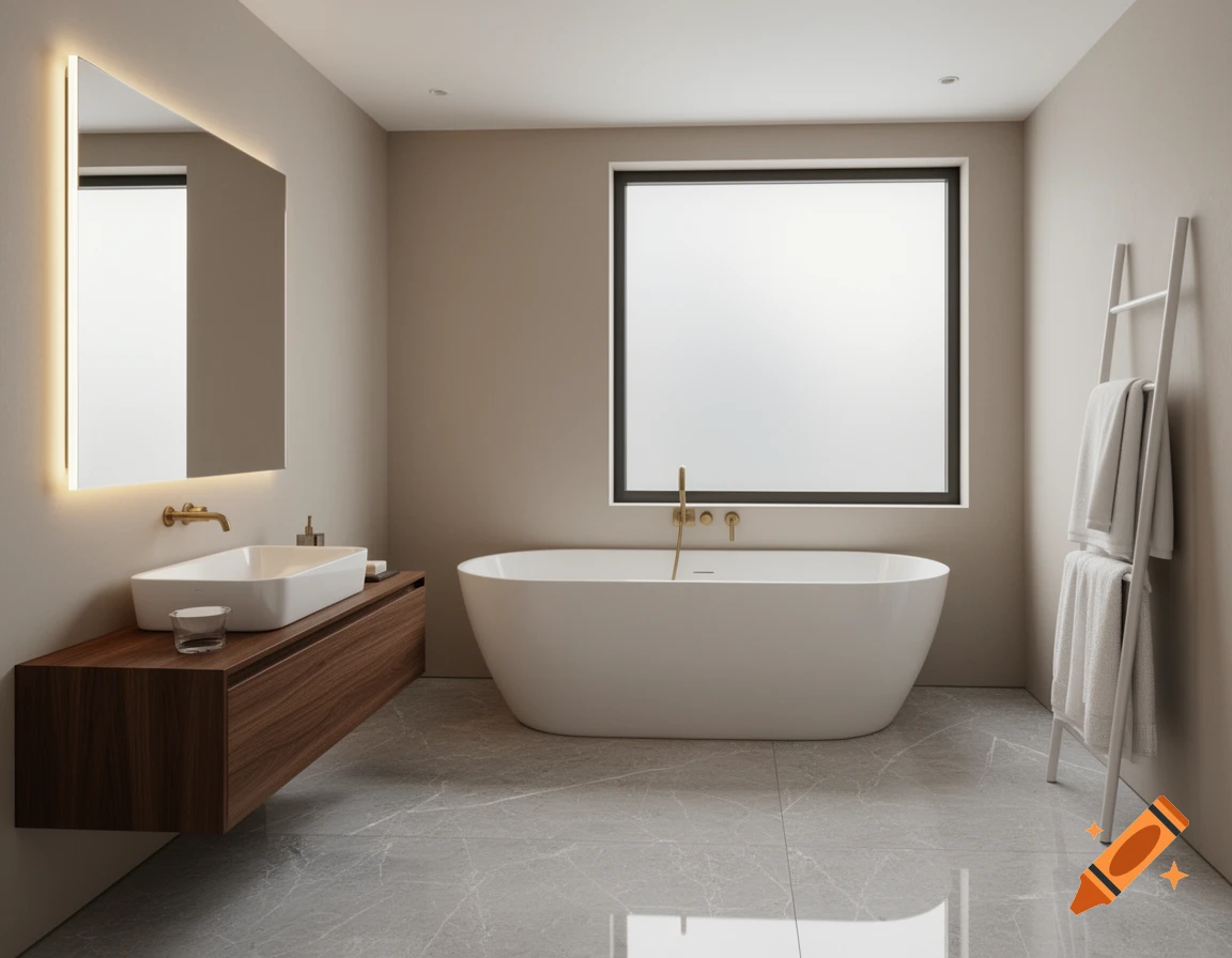 A modern minimalist bathroom with a freestanding tub, floating wooden vanity, large mirror with backlighting, and a frosted window.
