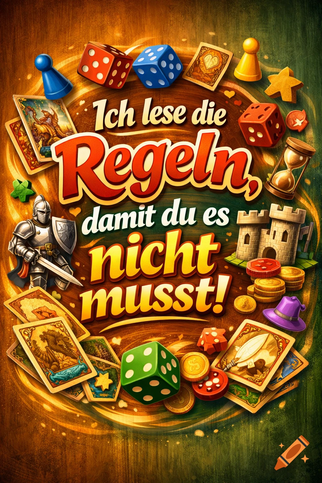 Vibrant illustration of board game pieces and German text 'Ich lese die Regeln, damit du es nicht musst!'