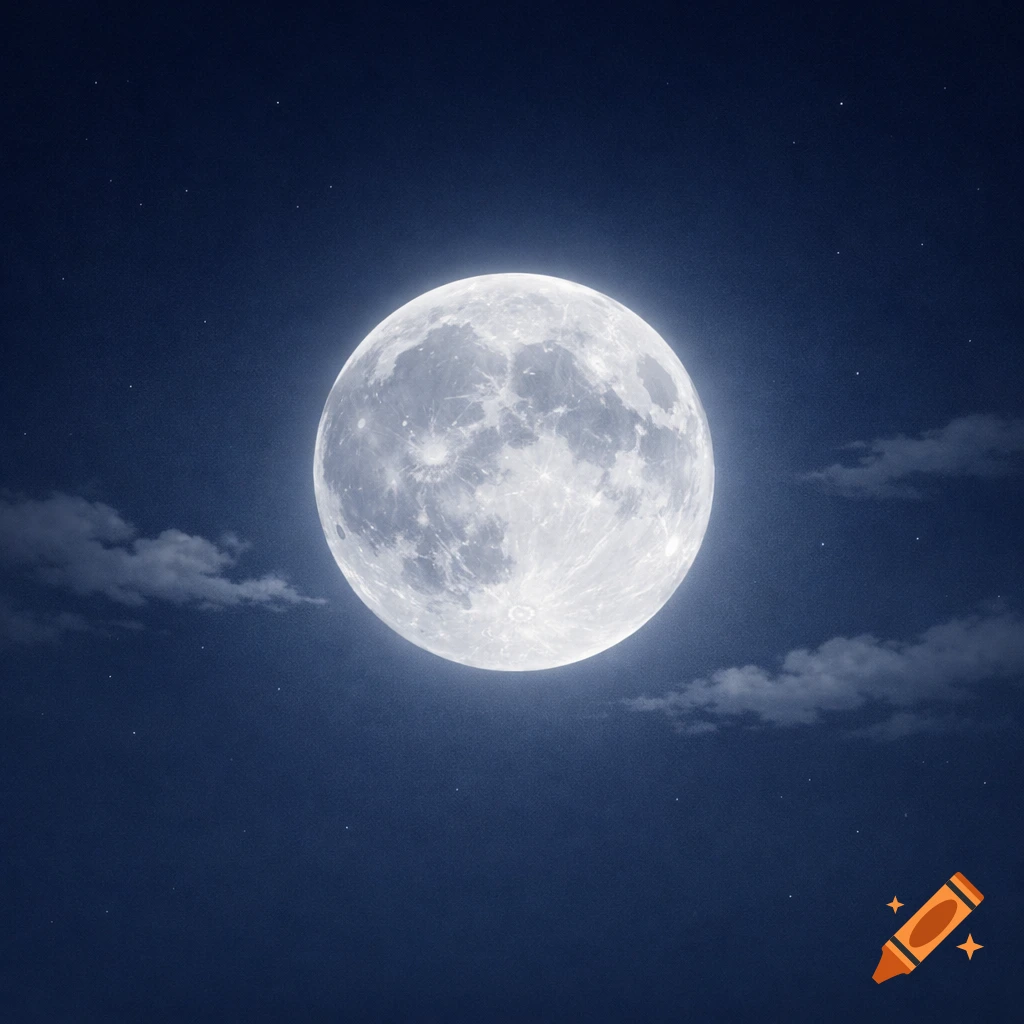 A bright full moon glows in a dark blue, starry night sky with wispy clouds.