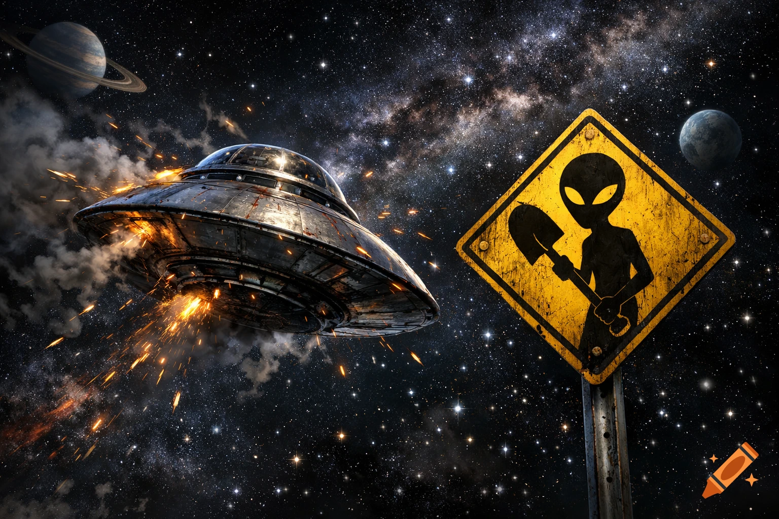 A sputtering flying saucer trailing smoke and sparks hurtles through space past planets towards a yellow road sign featuring an alien with a shovel.