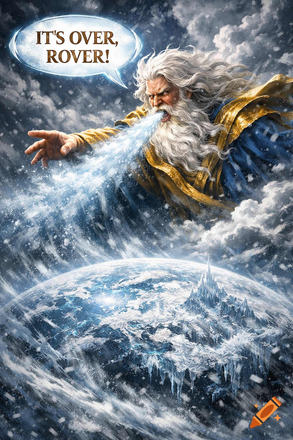 A white-bearded god in blue and gold blows ice onto a freezing Earth, with a speech bubble 'IT'S OVER, ROVER!'