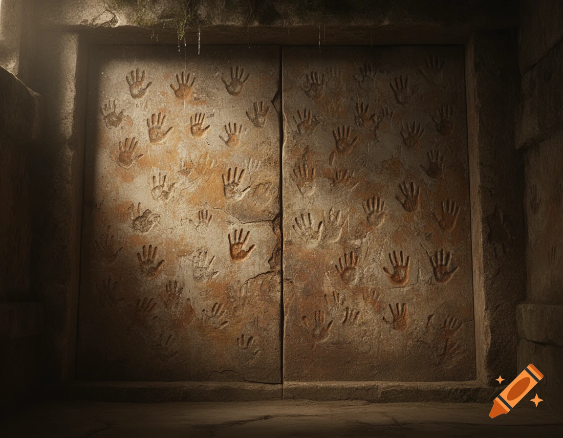 A weathered stone door covered in numerous reddish-brown handprints, with a single beam of light illuminating the left side in a dark, mysterious setting.