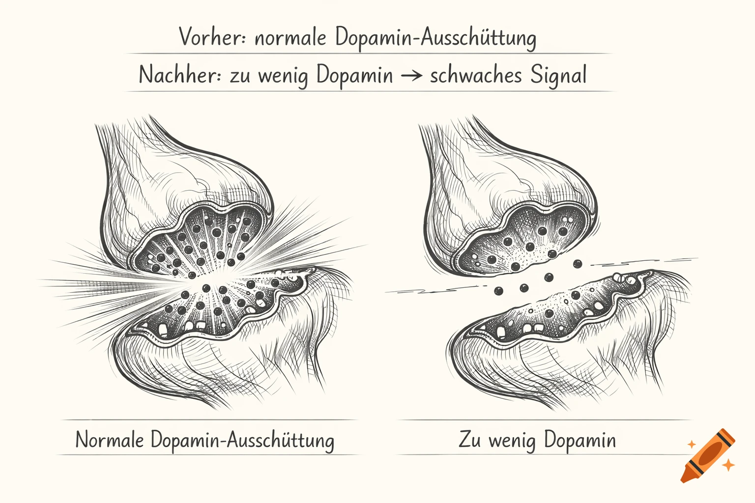 A detailed black and white sketch illustrating a synapse with normal dopamine release versus one with low dopamine.