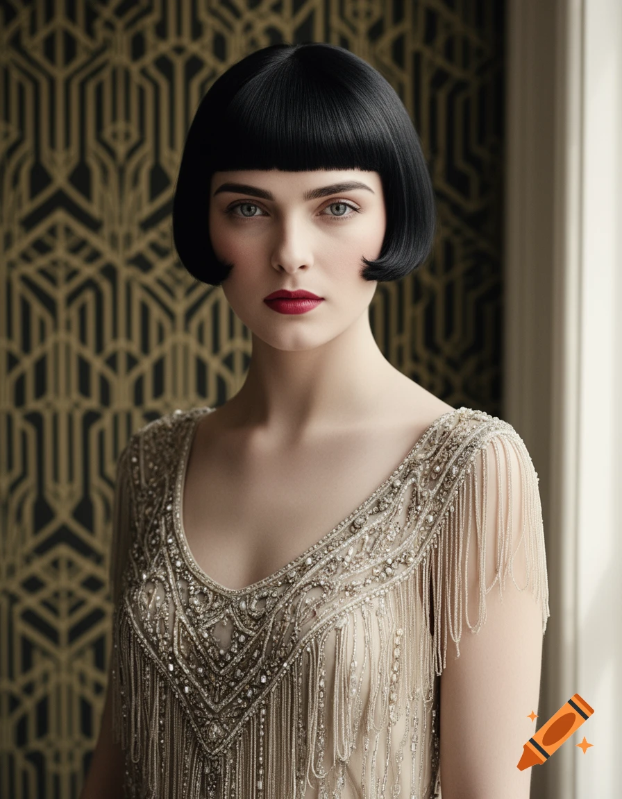 A woman with a short black bob haircut and red lipstick wears an ornate, beaded dress with fringe, set against an Art Deco pattern.