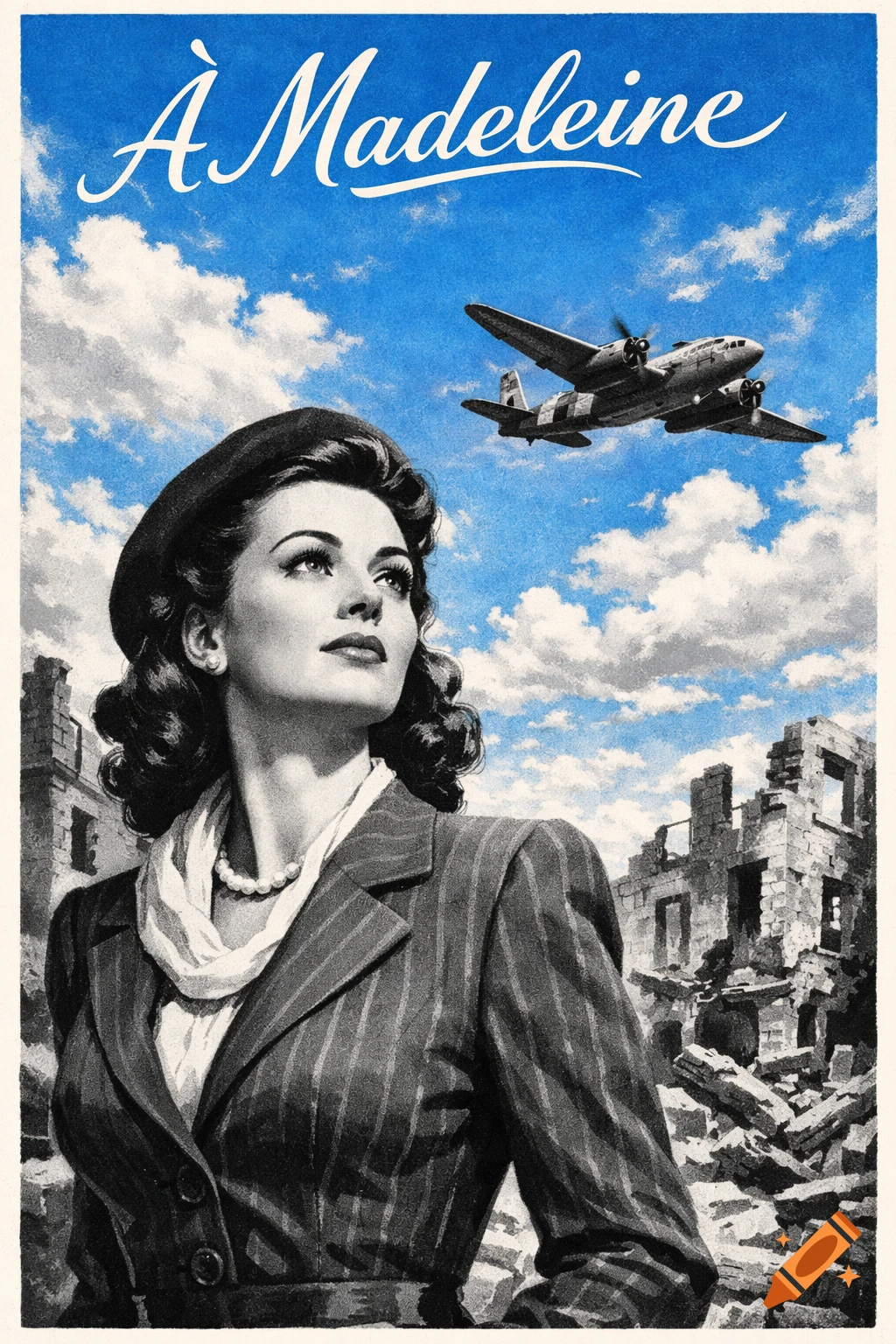 Retro poster of a 1940s woman in a beret looking at a military plane flying over ruined buildings, text reads 'À Madeleine'.