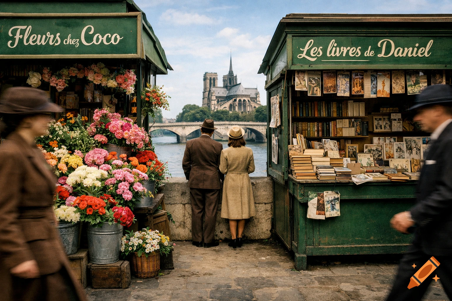 A 1940s Parisian street scene with flower and book kiosks, a couple by the Seine, and Notre Dame in the background.