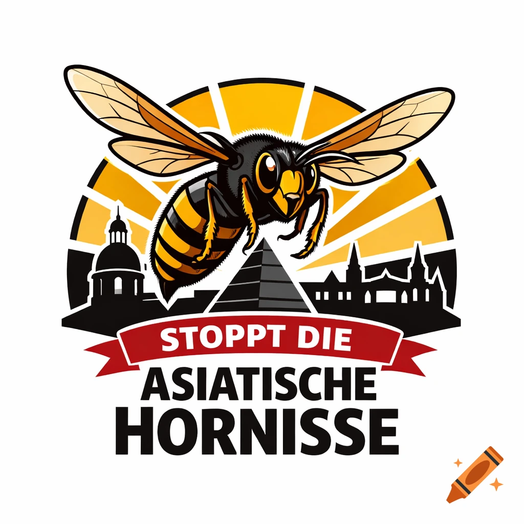 Stylized logo with a black and yellow hornet over city silhouettes and a pyramid. A red banner reads "STOPPT DIE ASIATISCHE HORNISSE".