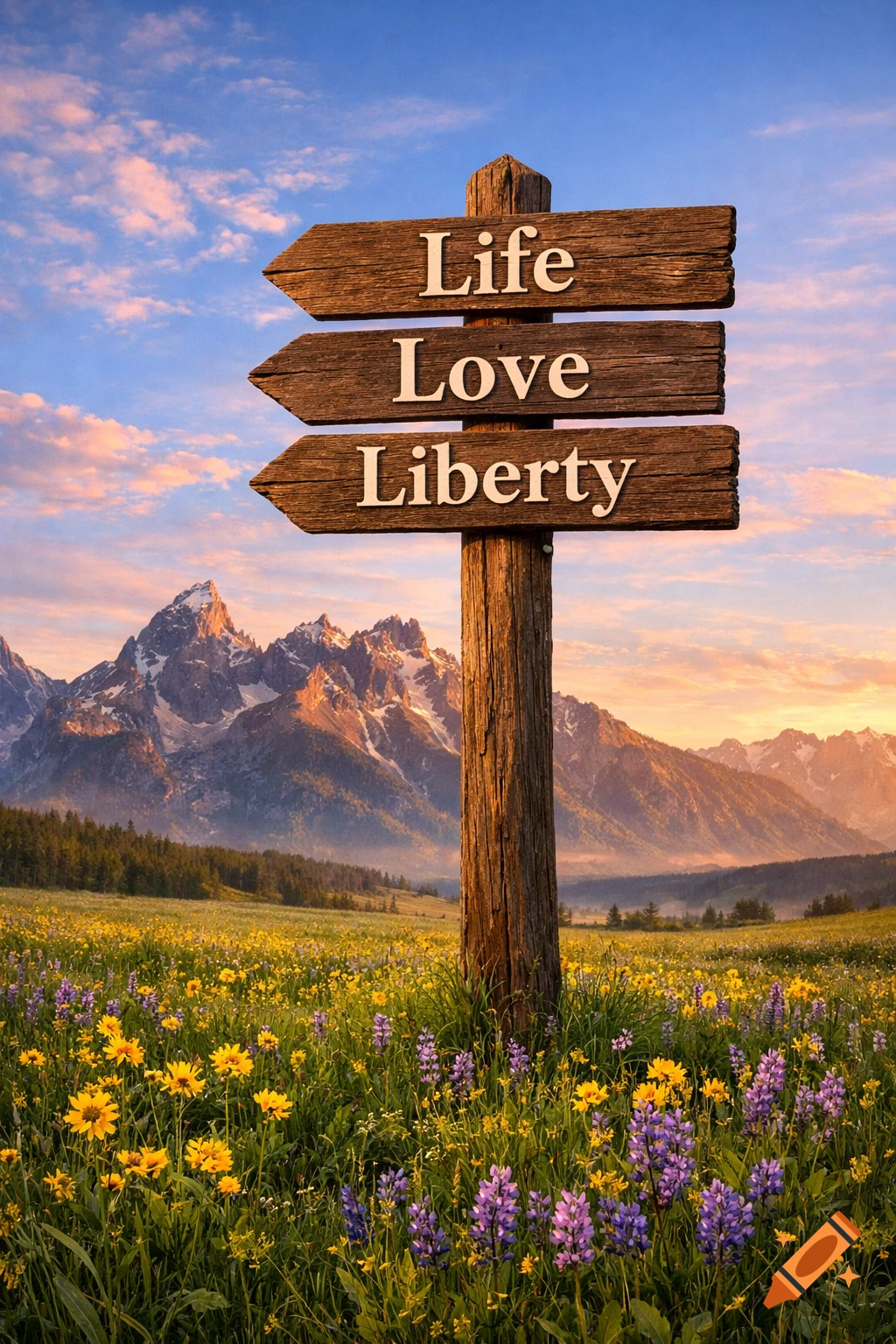 A wooden signpost reading 'Life, Love, Liberty' in a photorealistic mountain landscape with wildflowers under a dramatic sky.