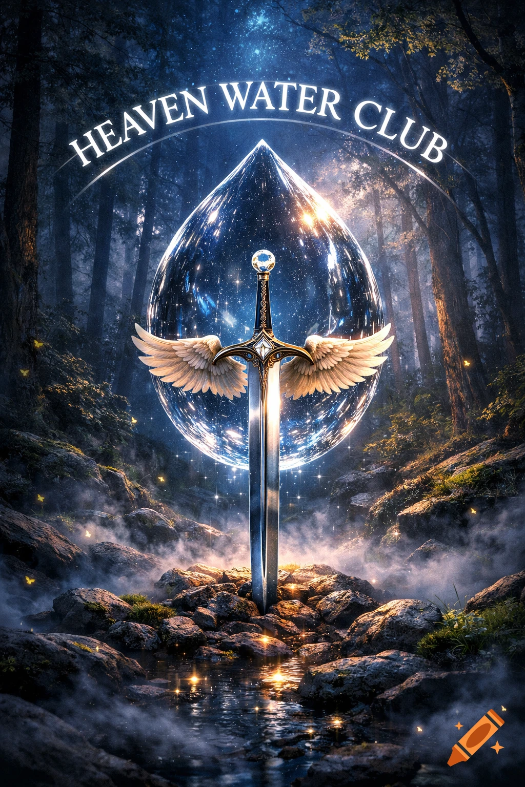 A magical sword with angel wings stands in a misty forest pool before a glowing water drop and text 'HEAVEN WATER CLUB' under a starry sky.