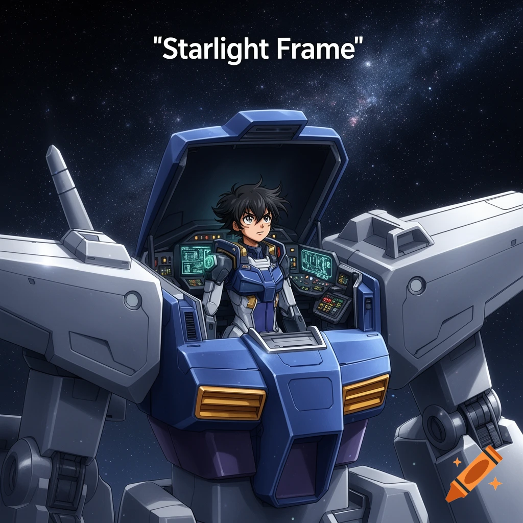 An anime pilot stands in the open cockpit hatch of a blue and white Gundam against a starry space background, with the text 'Starlight Frame'.