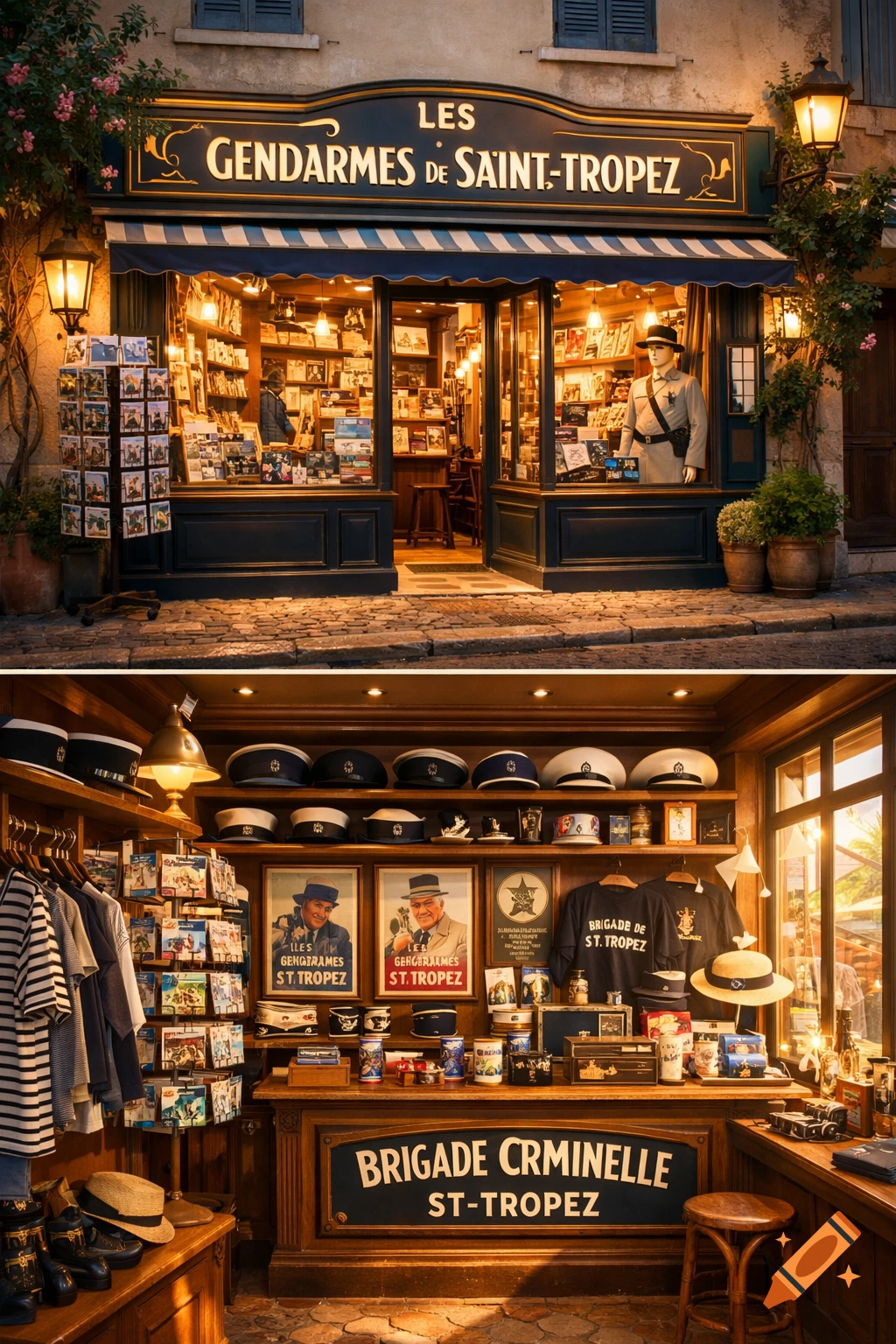 A vintage-style shop named "Les Gendarmes de Saint-Tropez", with an exterior view above a warm interior filled with memorabilia and merchandise.