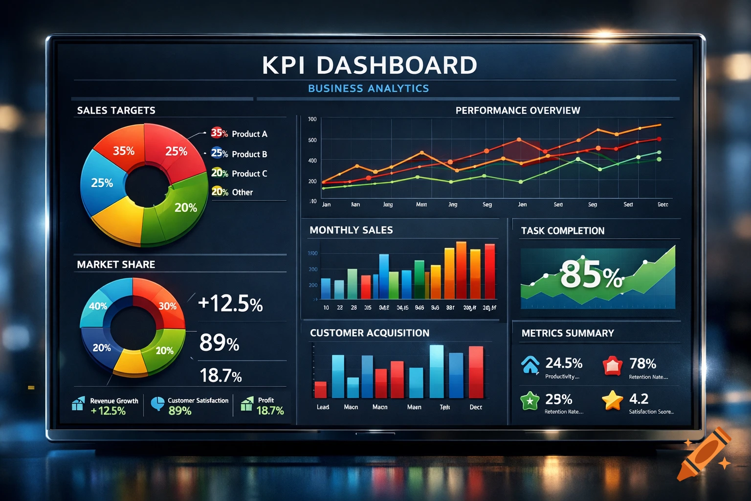 A glowing digital screen displaying a comprehensive KPI dashboard with various charts, graphs, and metrics for business analytics, including sales targets, market share, and performance overviews.