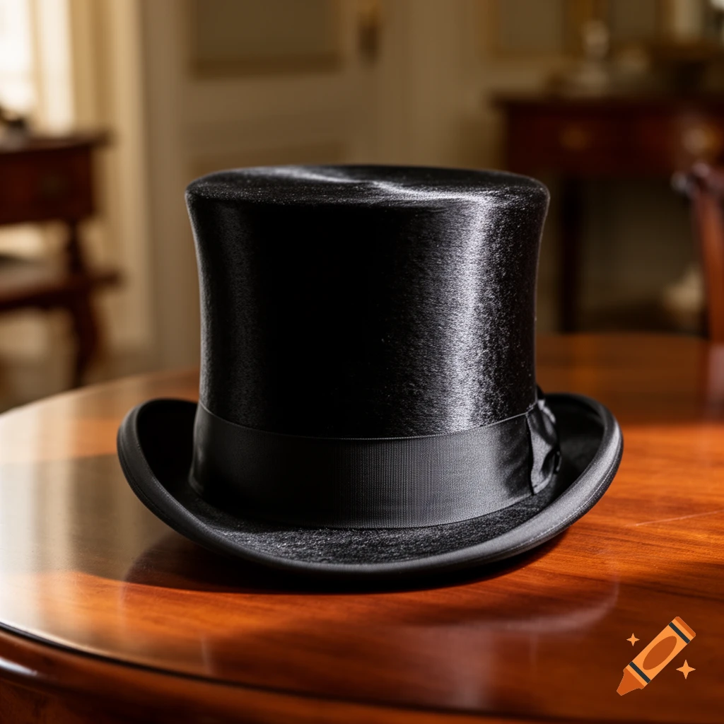 A glossy black top hat with a satin band sits on a polished wooden table in a dimly lit, elegant room.