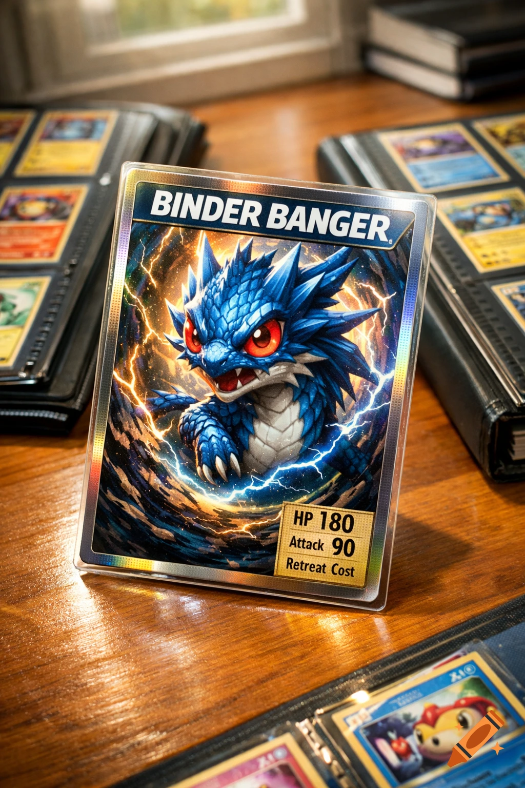 A holographic trading card with a blue spiky dragon and lightning, on a wooden table with other card binders.