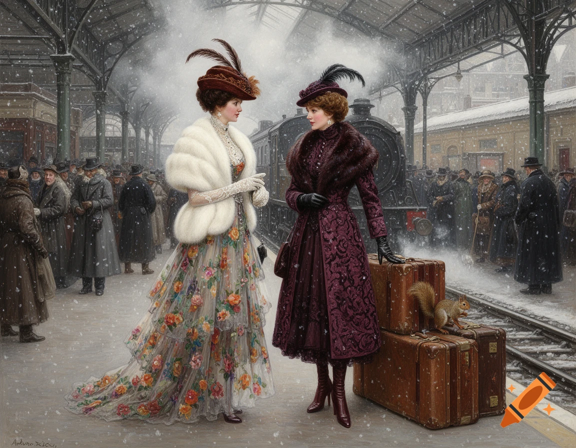 Two Victorian women in elegant winter coats and hats stand on a snowy train platform, with a train and passengers, in an impressionist painting.