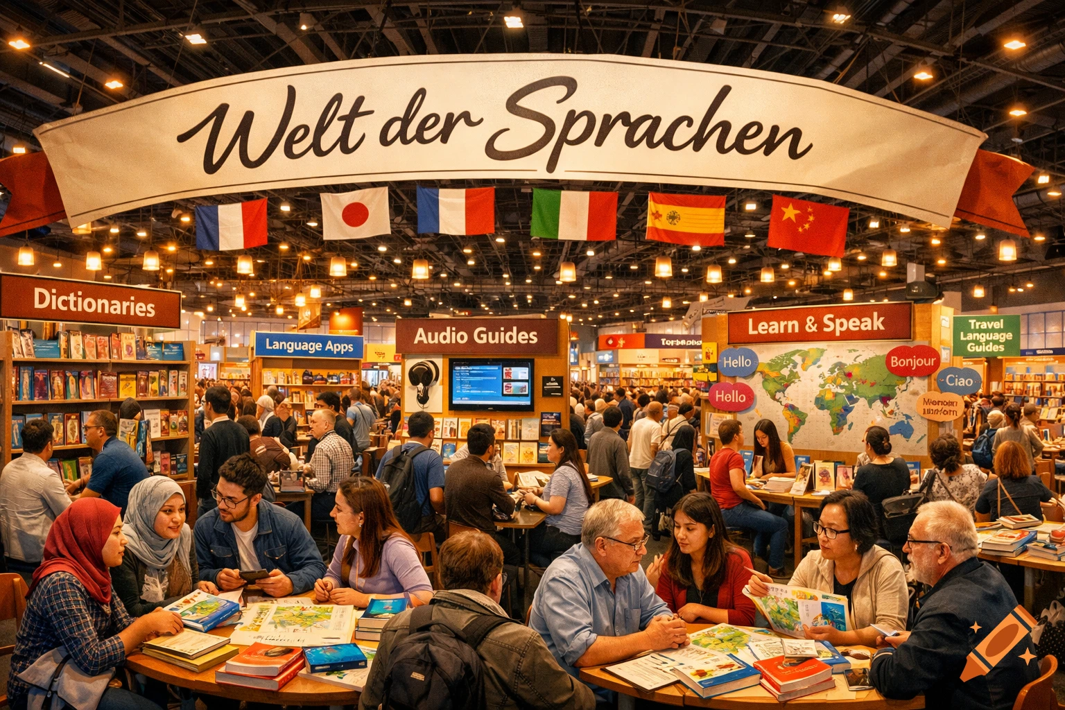 A bustling indoor language fair with a banner reading "Welt der Sprachen", people interacting at tables with books, and international flags overhead.