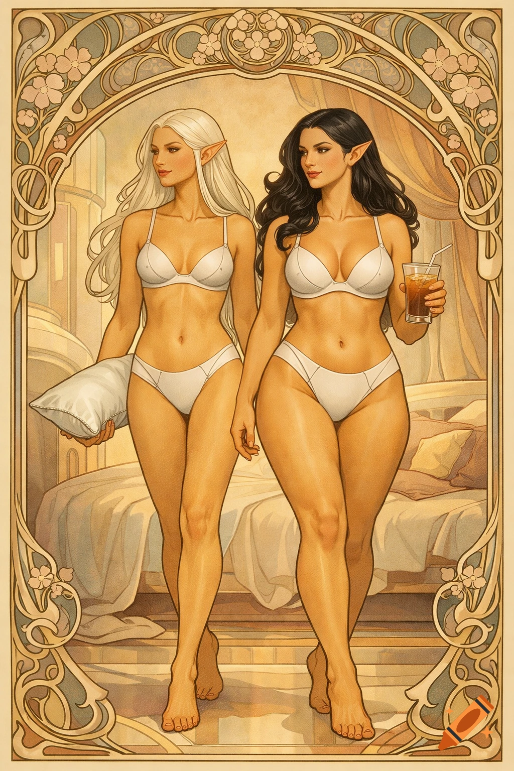 Art Nouveau illustration of two elf women in white lingerie. One with white hair holds a pillow, the other with black hair holds iced tea, framed by ornate floral motifs.