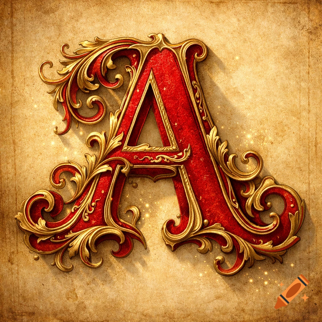 A highly detailed, ornate red and gold letter A with a textured, sparkly surface on a parchment-like background.