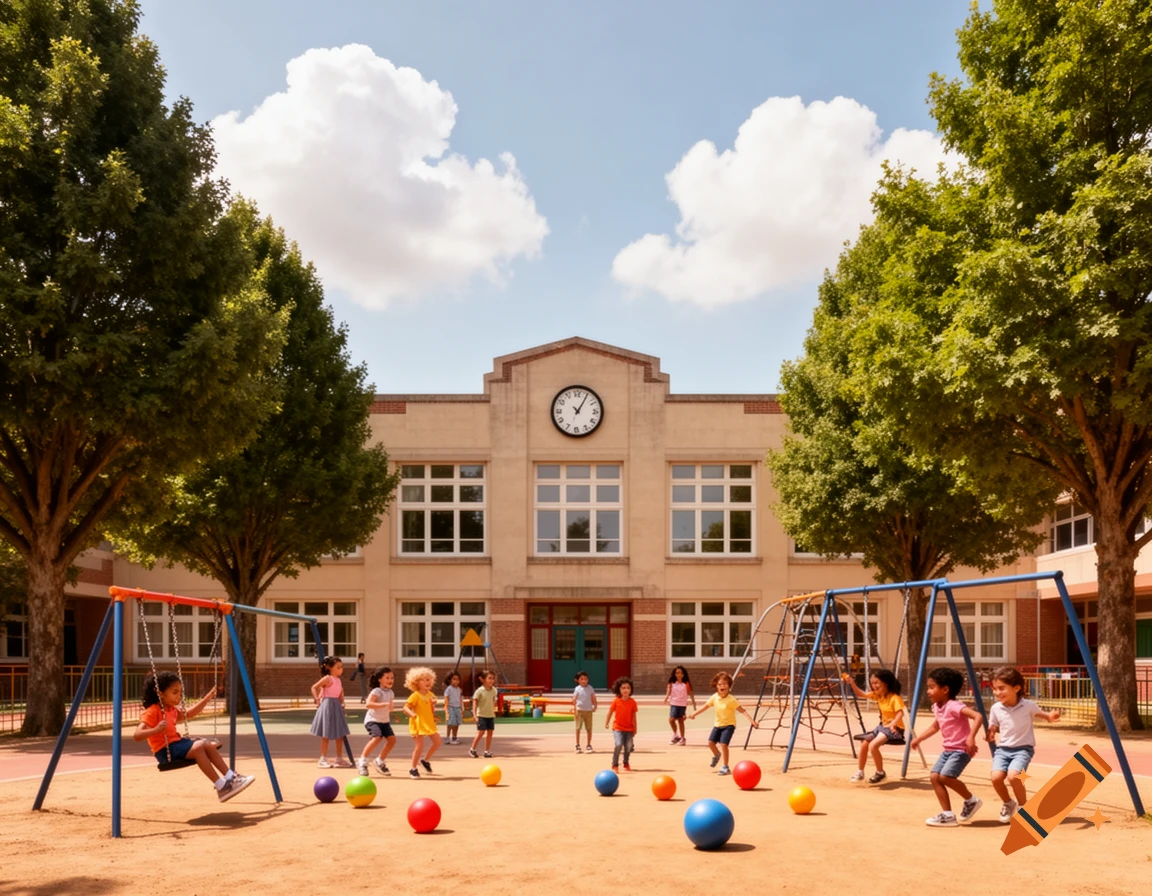 A vibrant schoolyard scene with children playing on swings and with colorful balls. A school building with a clock stands in the background, flanked by green trees under a blue sky with white clouds.