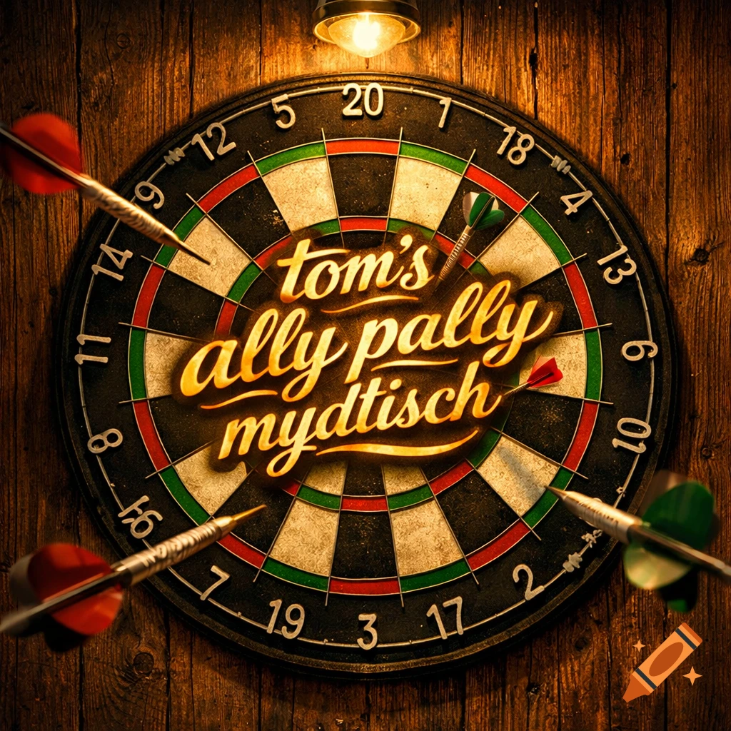 A dartboard with four darts stuck in it, featuring 'tom's ally pally mydtisch' in the center, on a wooden wall.