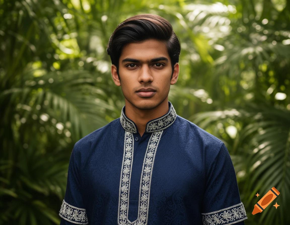 Photorealistic portrait of a young man wearing a dark blue traditional Indian outfit with silver embroidery, standing against blurred green foliage.