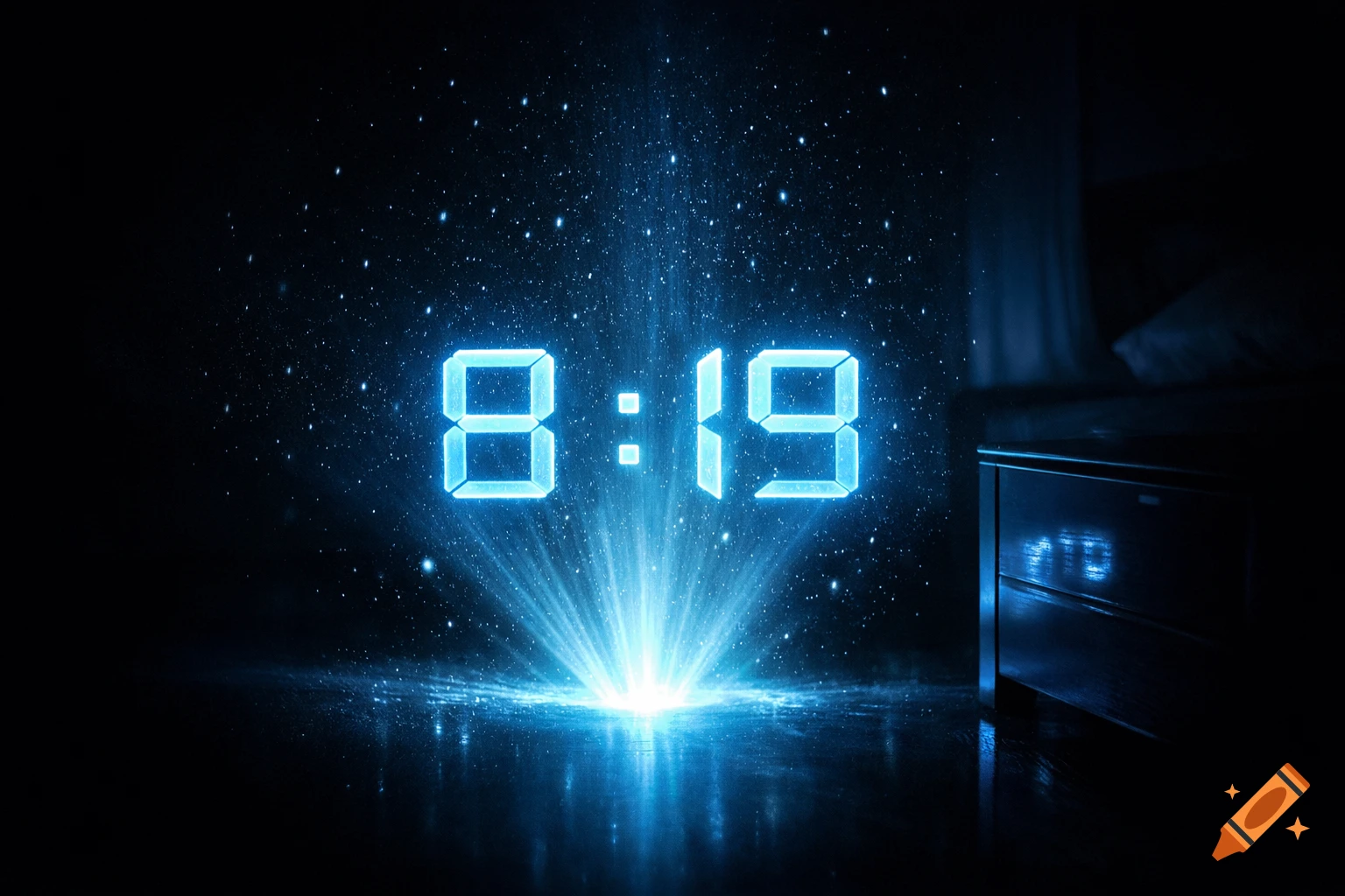 Holographic blue digital clock displaying 8:19 projected from the floor in a dark room.