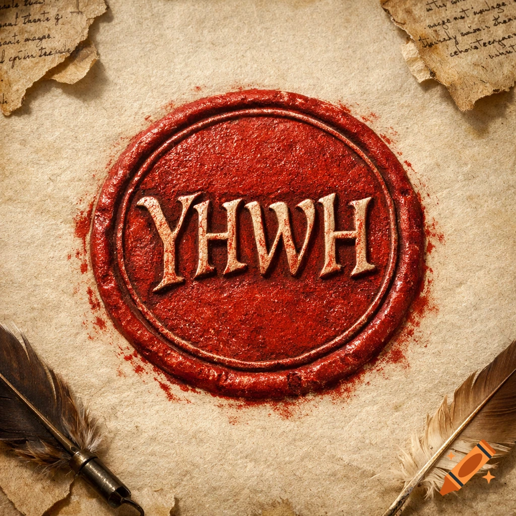A close-up of a red wax seal with the letters YHWH embossed, surrounded by aged parchment and two feather quills.
