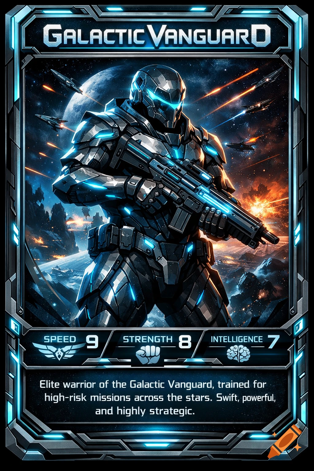 A futuristic space combat soldier in dark armor with glowing blue accents, holding a rifle, depicted on a trading card against a space battle background.