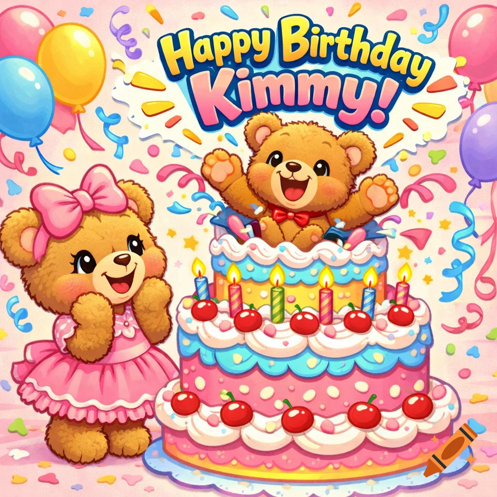 Cartoon of two teddy bears celebrating a birthday with a large cake, balloons, confetti, and "Happy Birthday Kimmy!" text.