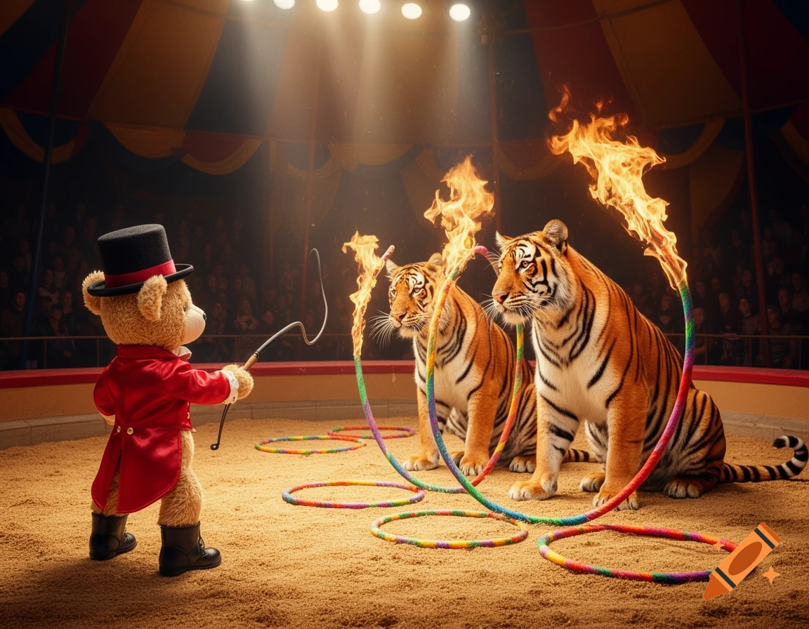 A teddy bear ringmaster in a red coat holds a whip, facing two tigers with flaming hoops in a circus tent.