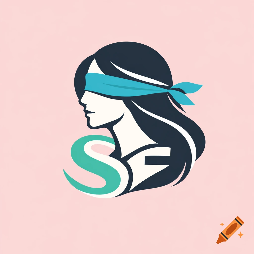 Graphic logo of a woman's profile with dark hair, blue blindfold, and abstract green 'S' and white 'E' letters on a pink background.