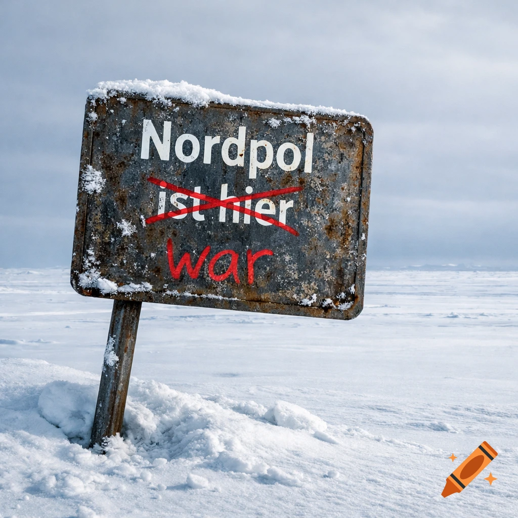 A rusty sign in a snowy, flat arctic landscape reads 'Nordpol ist hier' with 'ist' crossed out and 'war' below in red.