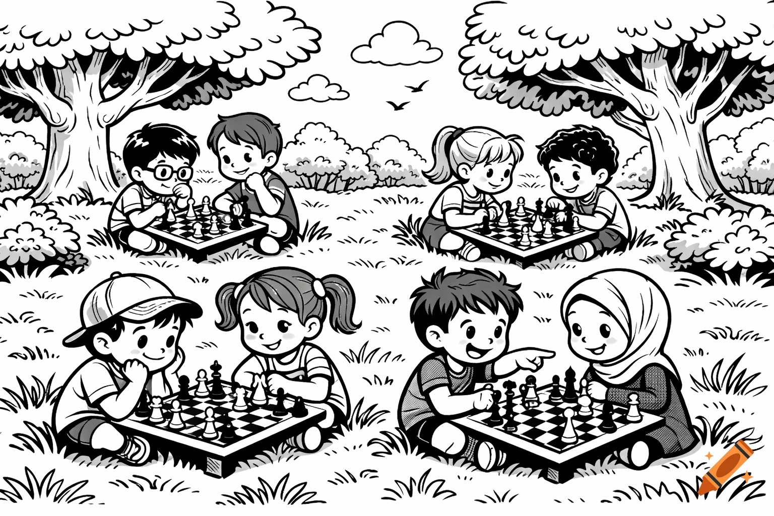 Black and white cartoon illustration of diverse children playing chess outdoors in a park-like setting under trees.