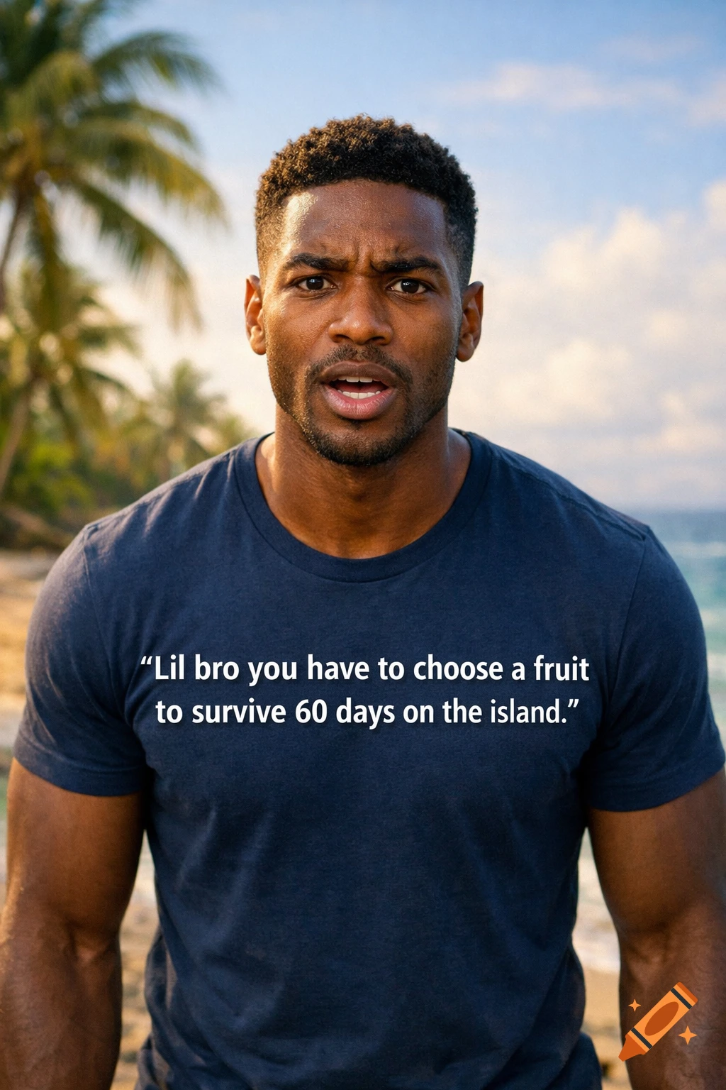 A Black man with a concerned expression wearing a t-shirt that reads 'Lil bro you have to choose a fruit to survive 60 days on the island' on a tropical beach.